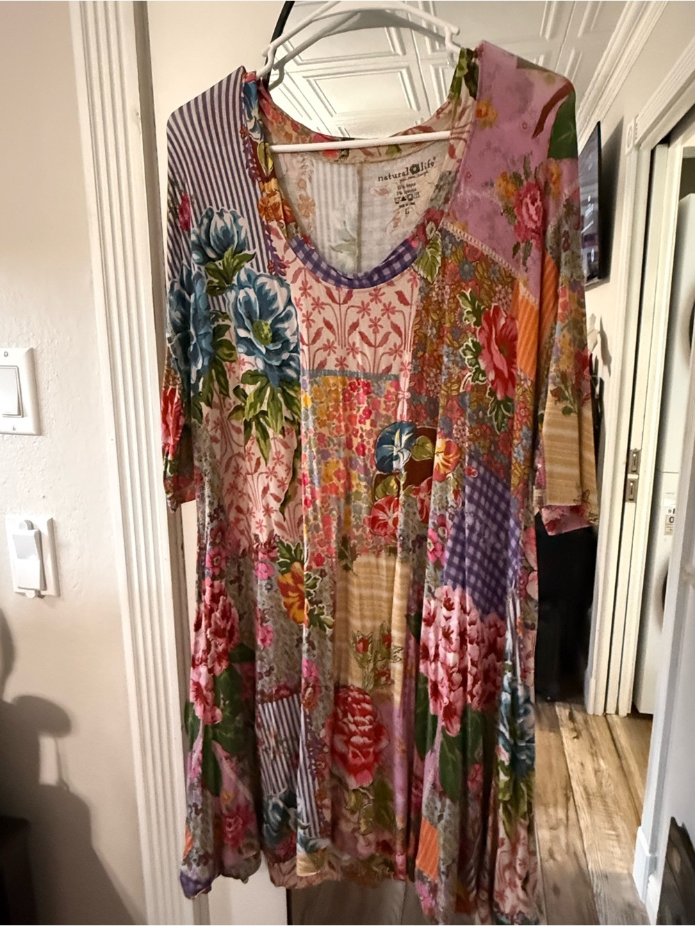 NATURAL LIFE Patchwork Floral Mini Dress in Pink, Blue, Green, Orange